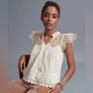 Anthropologie Women’s Large Charlize Blue Tassel Lace Eyelet Tassel Lined Ivory‎